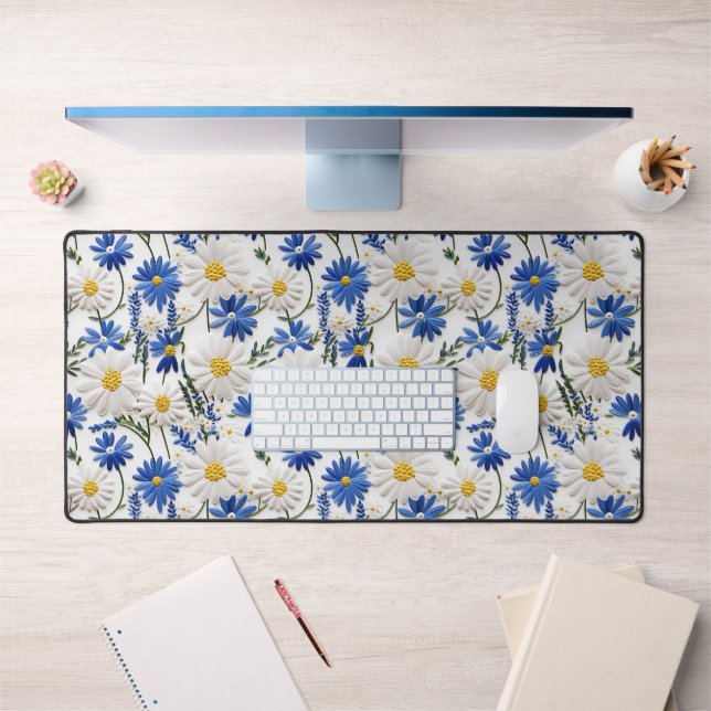 Embossed White Daisy With Blue Nigella Flowers Desk Mat (Office 1)
