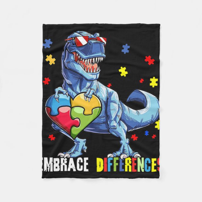 Embrace Differences Asd Spectrum Dinosaur Autism A Fleece Blanket (Front)