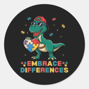 Embrace Differences Autism Awareness T-rex Puzzle  Classic Round Sticker