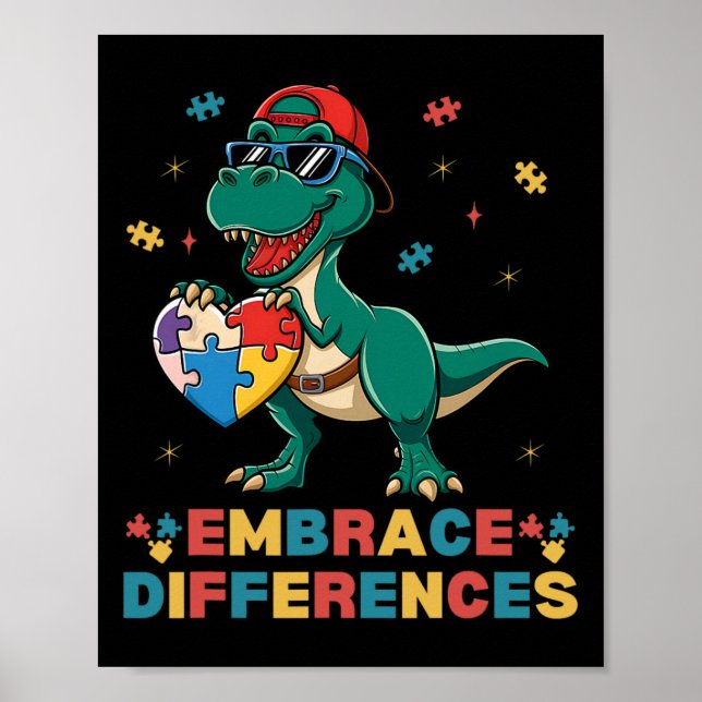 Embrace Differences Autism Awareness T-rex Puzzle  Poster (Front)
