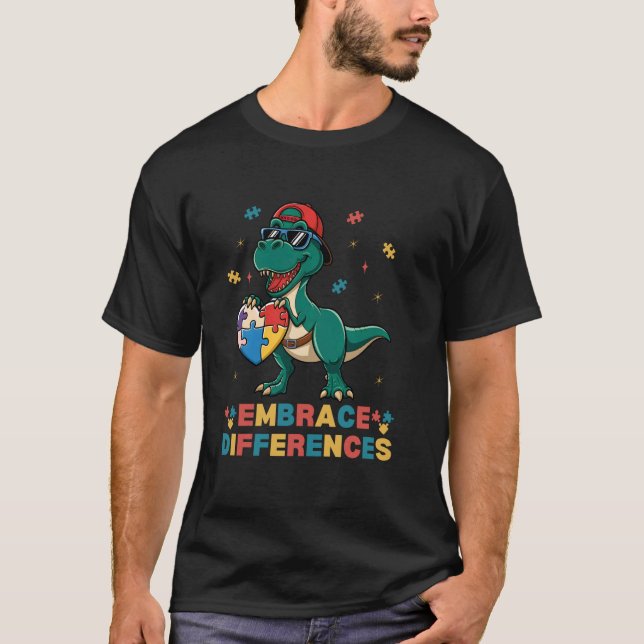 Embrace Differences Autism Awareness T-Rex Puzzle  T-Shirt (Front)