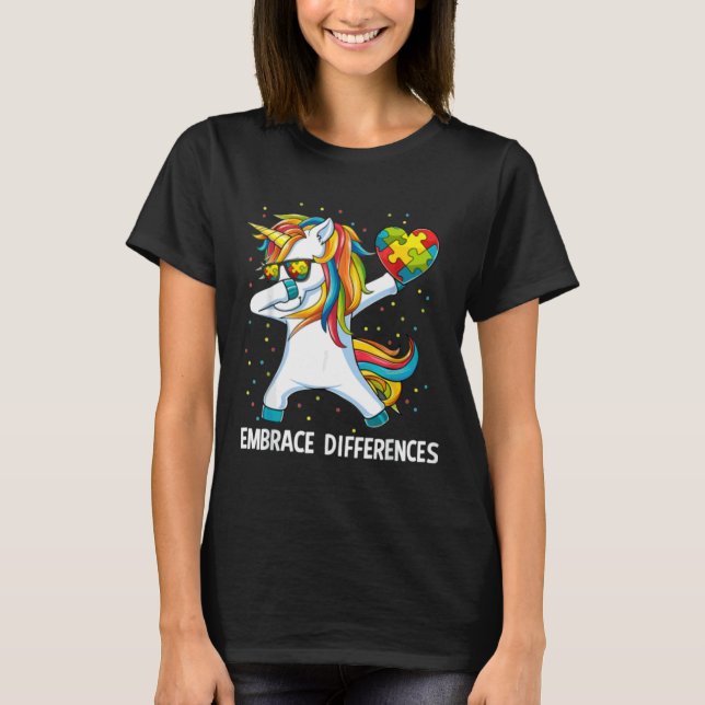 Embrace Differences Dabbing Unicorn Autism Awarene T-Shirt (Front)