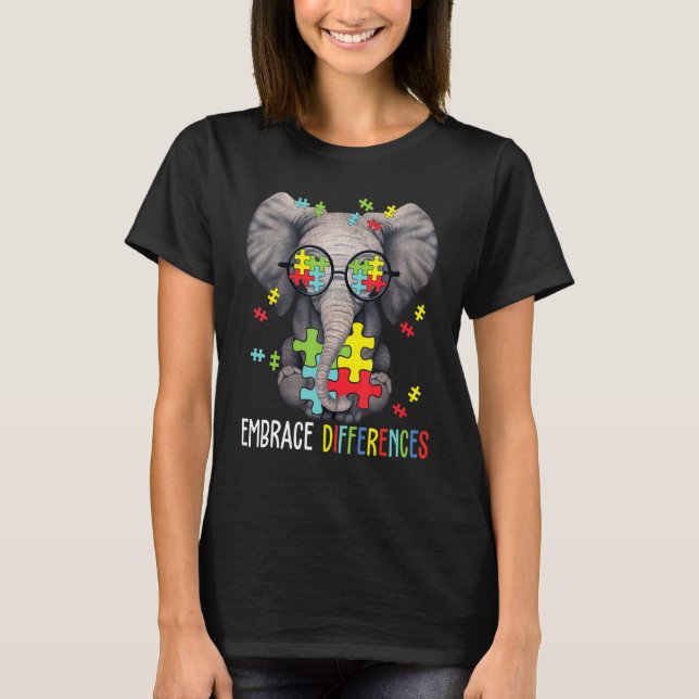 Embrace Differences Elephant Funny Autism Awarenes T-Shirt (Front)