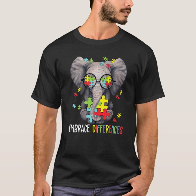 Embrace Differences Elephant Funny Autism Awarenes T-Shirt (Front)