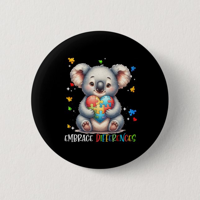 Embrace Differences Puzzle Heart Koala Autism Awar 2 Inch Round Button (Front)
