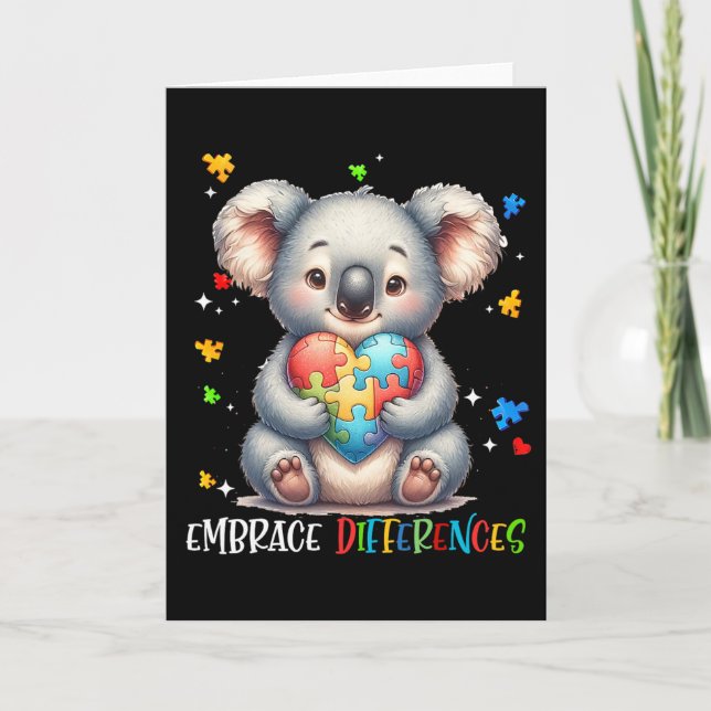 Embrace Differences Puzzle Heart Koala Autism Awar Card (Front)