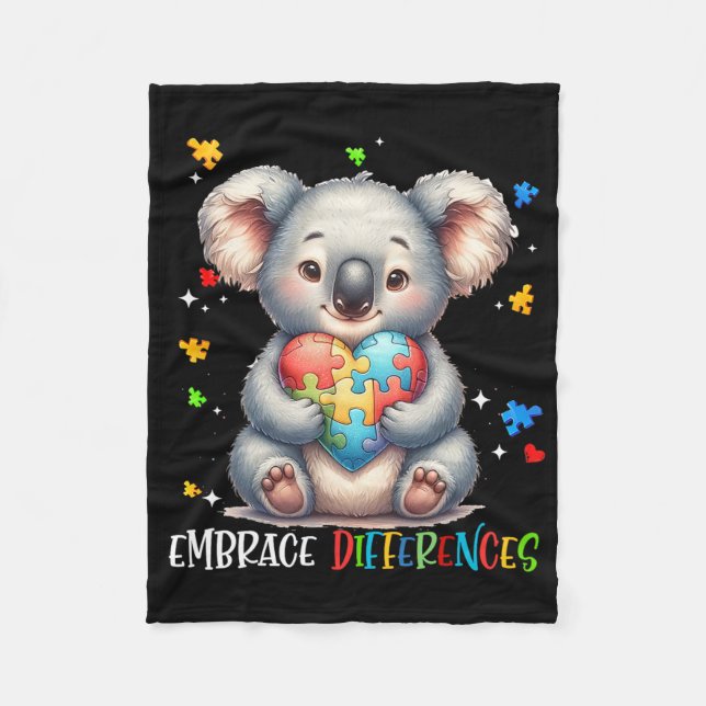 Embrace Differences Puzzle Heart Koala Autism Awar Fleece Blanket (Front)