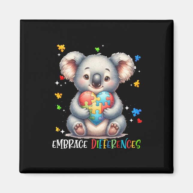 Embrace Differences Puzzle Heart Koala Autism Awar Magnet (Front)