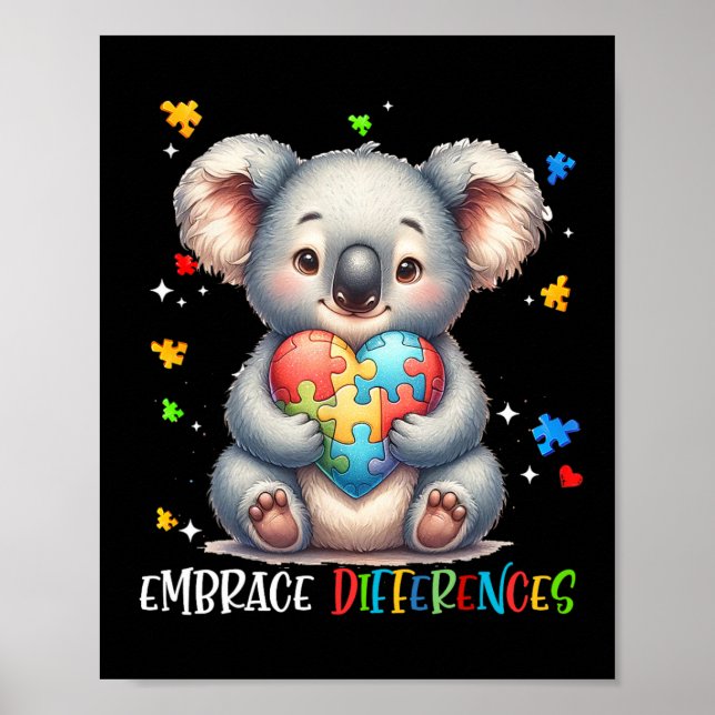 Embrace Differences Puzzle Heart Koala Autism Awar Poster (Front)
