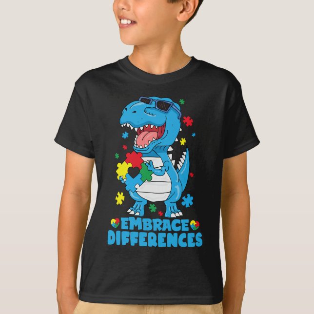 Embrace Differences T Rex Dinosaur Autism Awarenes T-Shirt (Front)