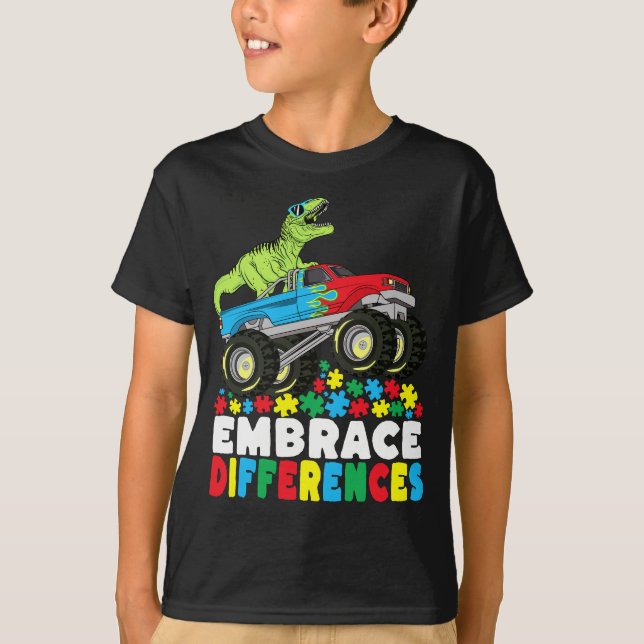 Embrace Differences T Rex Monster Truck Autism T-Shirt (Front)