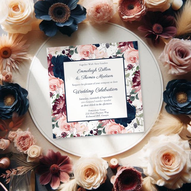 Embrace Floral Pattern Wedding | Burgundy Navy Invitation (Creator Uploaded)