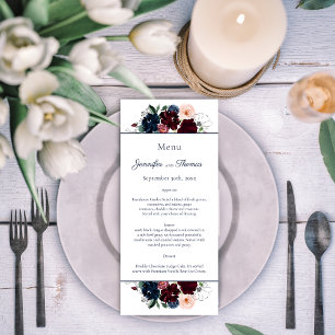 Embrace Floral Wedding Menu Burgundy Navy Blue
