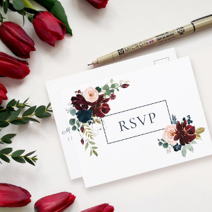 Embrace Floral Wedding RSVP Burgundy Navy Blue Invitation Postcard