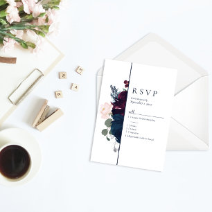 Embrace Florals RSVP Wedding   Burgundy Navy Blue Card