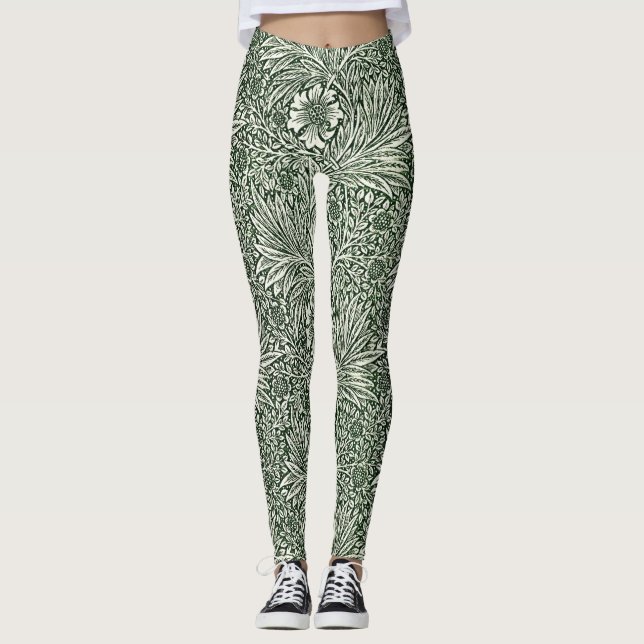 Embrace Nature's Elegance: Green Marigold Floral Leggings (Front)
