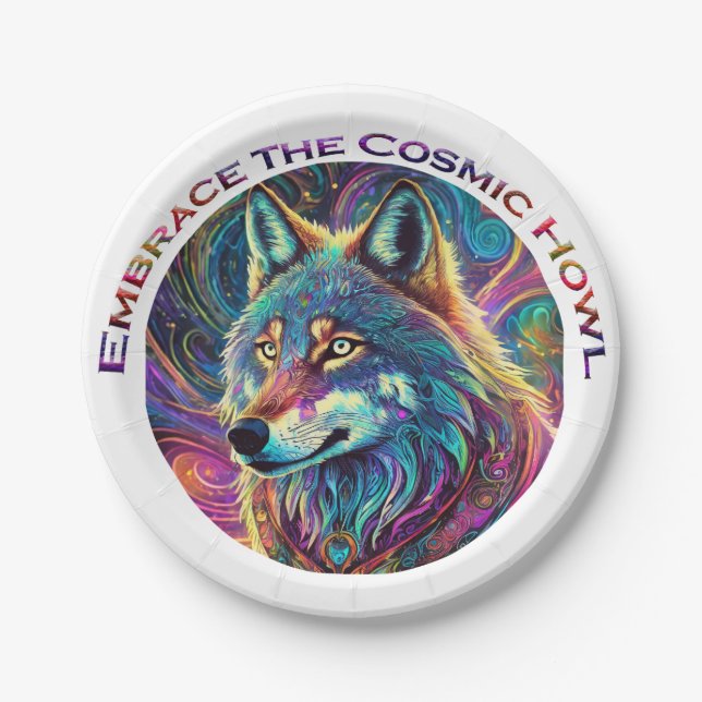 Embrace the Cosmic Howl Wolf Paper Plate (Front)