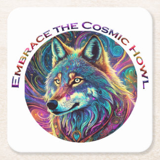 Embrace the Cosmic Howl Wolf Square Paper Coaster