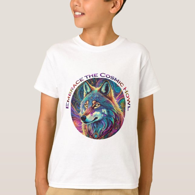 Embrace the Cosmic Howl Wolf T-Shirt (Front)