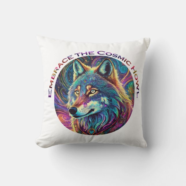 Embrace the Cosmic Howl Wolf Throw Pillow (Front)