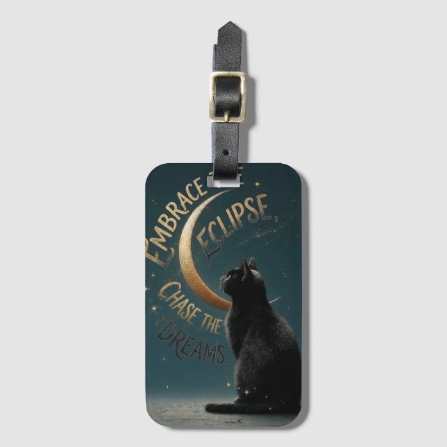 "Embrace the Eclipse" Celestial Cat Illustration Luggage Tag (Front Vertical)