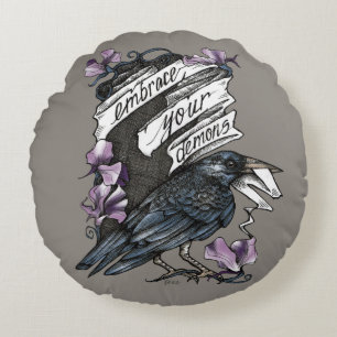 Embrace Your Demons (Raven with Sweet Peas) Round Pillow