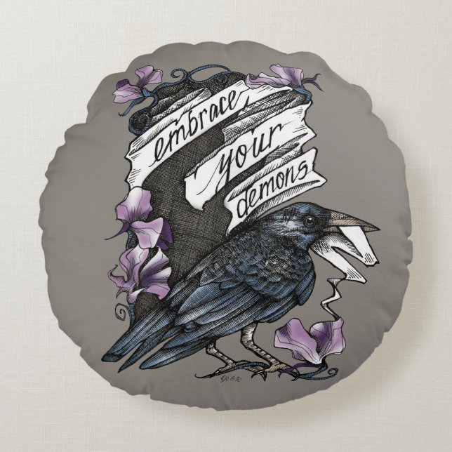 Embrace Your Demons (Raven with Sweet Peas) Round Pillow (Front)