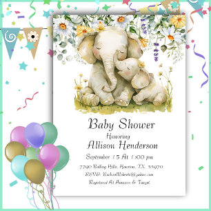 Embracing Mom And Baby Elephant Baby Shower   Invitation