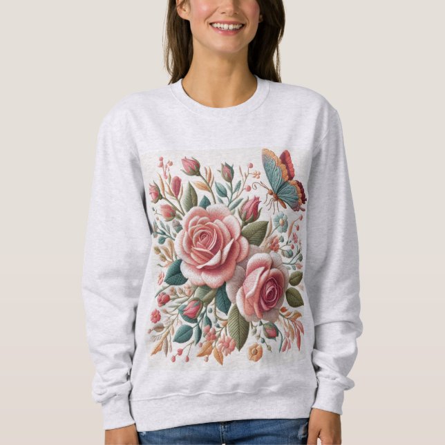Embroidary digital print of pastel colour rose sweatshirt (Front)