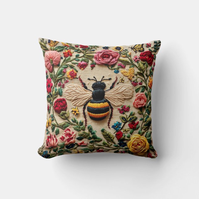 Embroidered Bee Throw Pillow (Front)