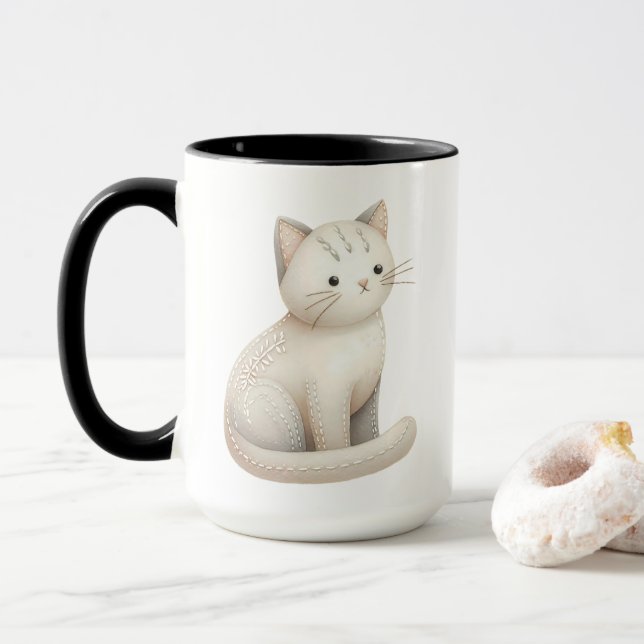 Embroidered Beige Kitty Boho Cat Mug (With Donut)