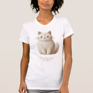 Embroidered Beige Kitty with Stitched Leaf Detail T-Shirt