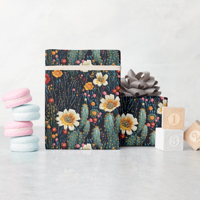 Embroidered Blooming Cactus on Black Wrapping Paper (Baby Shower)