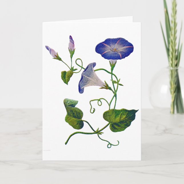 Embroidered Blue Morning Glories Card (Front)