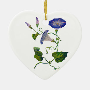 Embroidered Blue Morning Glories Ceramic Ornament
