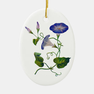 Embroidered Blue Morning Glories Ceramic Ornament