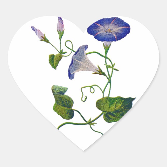 Embroidered Blue Morning Glories Heart Sticker (Front)