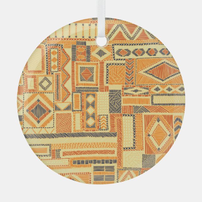 Embroidered Bohemian Patchwork Seamless Pattern Glass Ornament (Front)