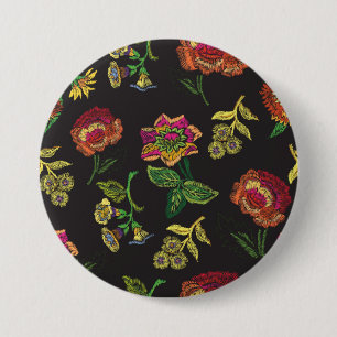embroidered brooch with flowers on a black backgro 3 inch round button