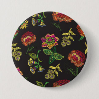 embroidered brooch with flowers on a black backgro 3 inch round button