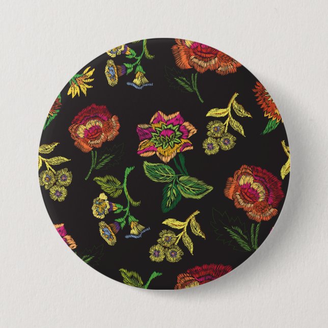 embroidered brooch with flowers on a black backgro 3 inch round button (Front)