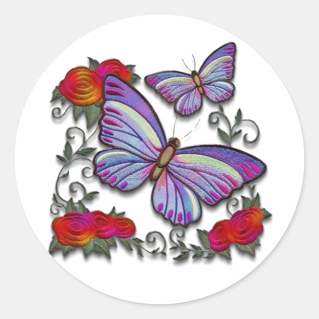 embroidered butterflies classic round sticker (Front)