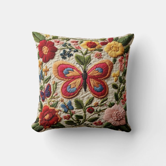 Embroidered Butterfly  Throw Pillow (Front)