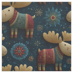 Embroidered Christmas Moose And Flowers Fabric