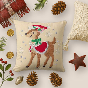 Embroidered Christmas Reindeer with Santa Hat Throw Pillow