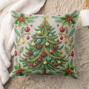 Embroidered Christmas Throw Pillow  Festive Holidy