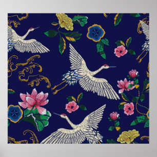 Embroidered cranes and flowers, vintage seamless p poster