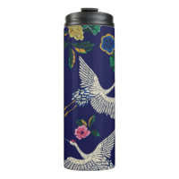 Embroidered cranes and flowers, vintage seamless p