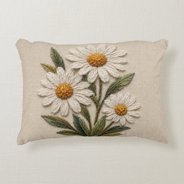 Embroidered Daisy Bloom Accent Pillow (Front)