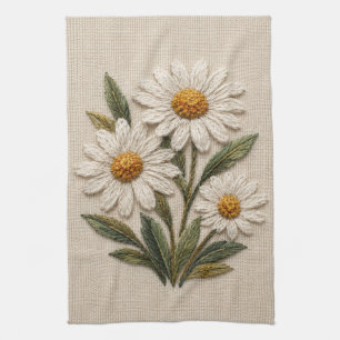Embroidered Daisy Bloom Kitchen Towel
